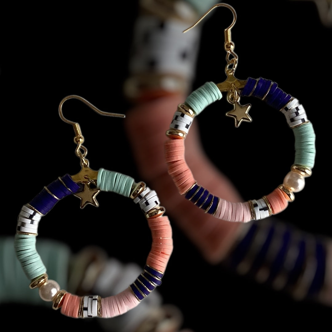 Pastel and bright beaded hoop earrings
Handmade colourful hoop earrings with gold accents
Playful fashion earrings with pink, mint, and blue
Matching earrings to Dream Pop bracelet