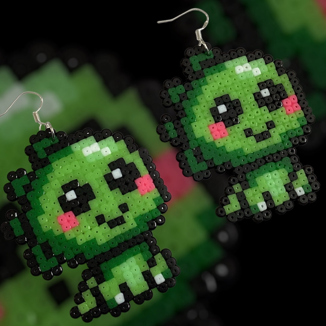 Kawaii Green Dino - Fuse Bead Earrings