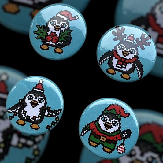 PIXEL BADGES -  SET OF FESTIVE PENGUINS