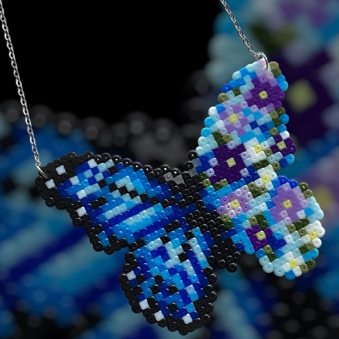 Floral Blue Butterfly - Fuse Bead Necklace