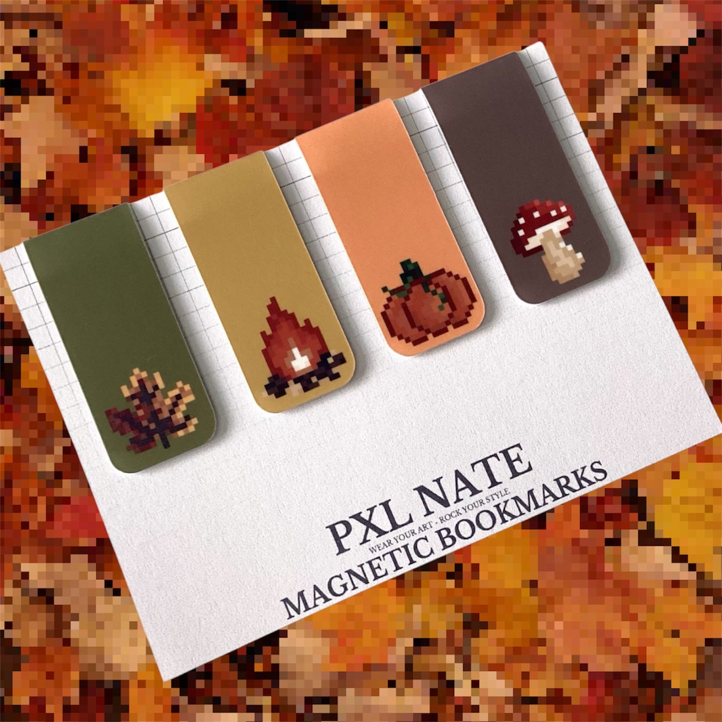 Cosy Autumnal Pixel Art Magnetic Bookmarks Set of 4